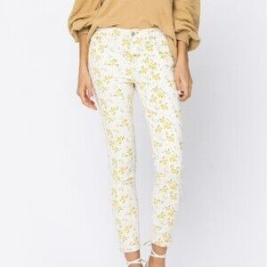 Judy Blue JB8809 Off-White With Yellow Flowers Skinny Fit Ankle Jeans, 9/29